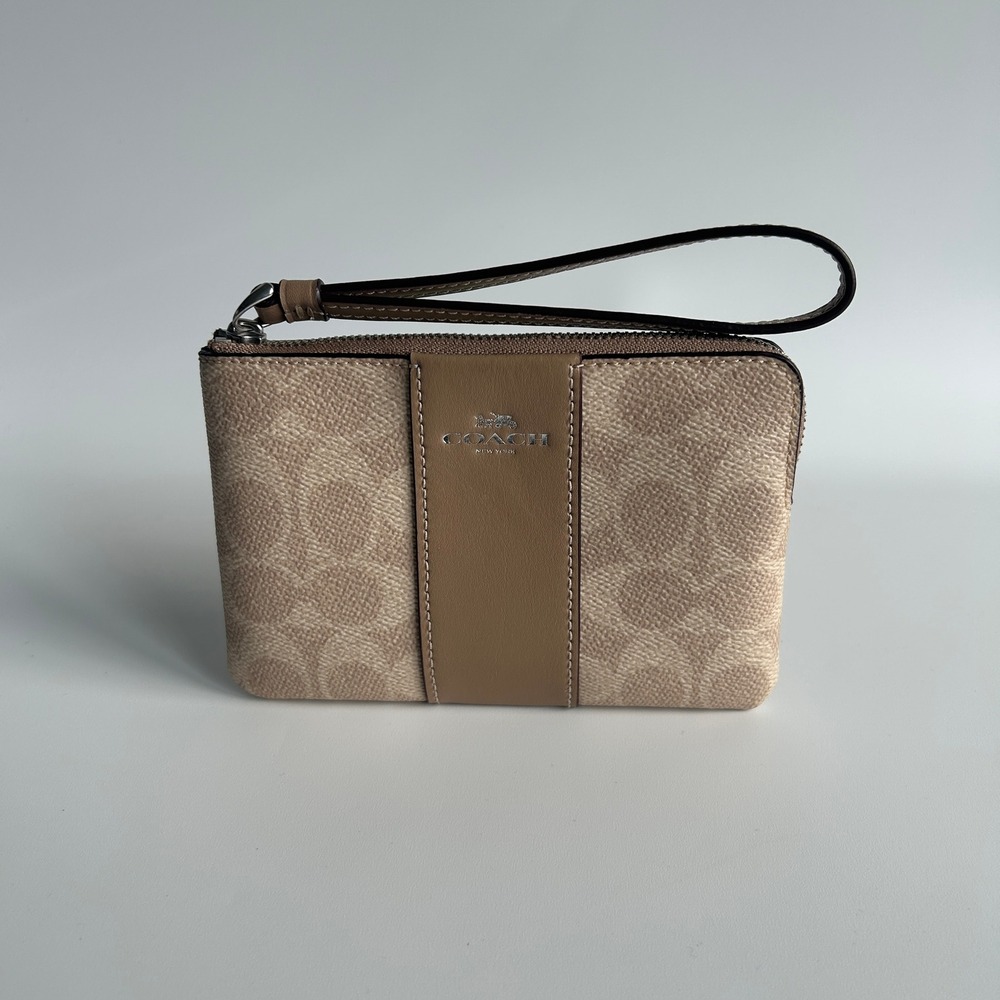 Coach Corner Zip Wristlet Signature Canvas Varsity Stripe Beige Brown C8465 Bag